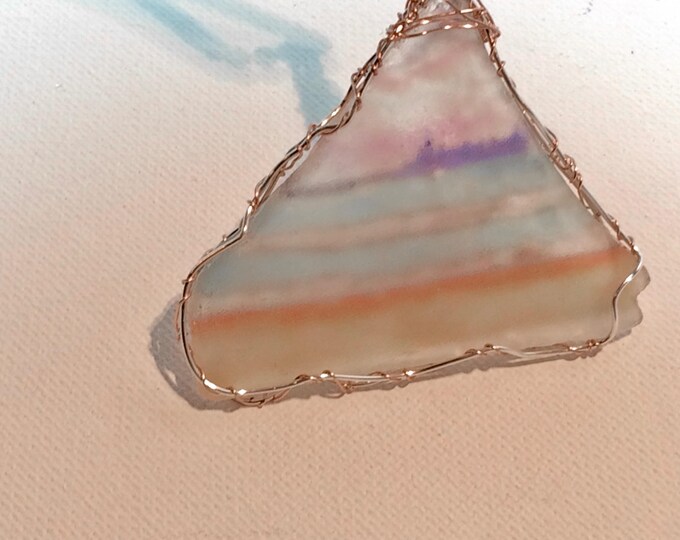 Large Beach Glass pendant with 31" chain - Wire Wrap Beach Scene Beach Glass -Lake Michigan - Chicago Skyline
