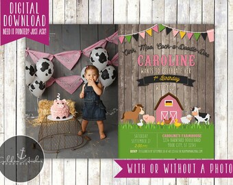 Girl Farm Birthday Invitation, Barnyard Birthday Invite, Farm Animals Invitation, Old McDonald, Photo - Printable DIY