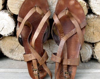 Sandales Grecques Vintage En Cuir Marron Tressé Fait Main - Taille 40 (US 10) - Occasion