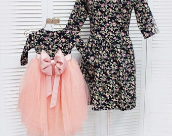 Mother daughter matching cotton dress, Knee length floral print dresses for Mom and baby, girls party tutu dress, Mommy and Me dress