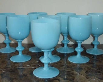 8 Vintage Portieux Vallerysthal French Blue Opaline Water Goblets 6 1/2" High