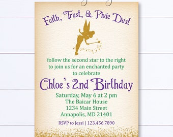 Fairy Birthday Invitation, Gold Fairy Invitation, Tinkerbell Birthday Invitation, Tinkerbell Party, Tinkerbell Birthday, Fairy Party Invite