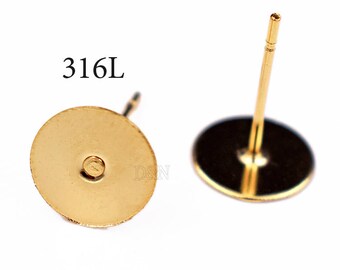 100 Gold Surgical Stainless Steel Earring Blanks-Flat Pad Earring Posts-Surgical Steel Earring Studs-11.5mm Post Flat Pad-Ear Nuts included