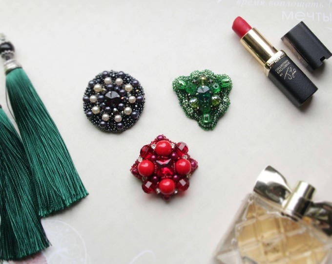 Brooch on coat, shirt, jacket Gray, red, green brooch bead embroidery brooch,Handmade Brooch,Beadwork,jewelry, coat pin