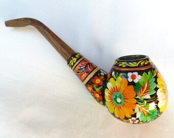 Smoking pipe, Handpainted pipe, Tobacco pipe, Original wooden pipe, Carved pipe, Wooden pipe, Yellow pipe, Peace-pipe, Sunflower pipe