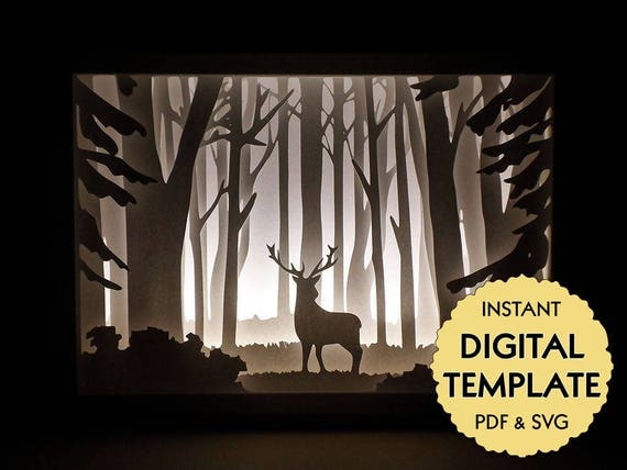 Template Deer In The Woods Paper Cut File Silhouette Light Box Tutorial Pdf Svg Digital Papercut Lightbox Template