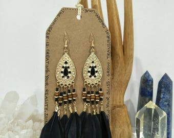 50% OFF - Black & Gold Feather Chandelier Earrings / Boho / Hippy
