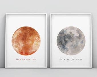 Live by the Sun Love by the Moon, Set of Two Printable, Watercolour Print, Above Bed Decor, Sun and Moon Set, Minimalist, Modern Wall Art