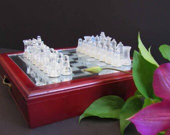 Vintage chess set, mini chess set, glass chess set