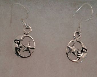 Moon and Star Earrings, Solid Sterling Silver Dangle Earrings, Moon and star Jewelry
