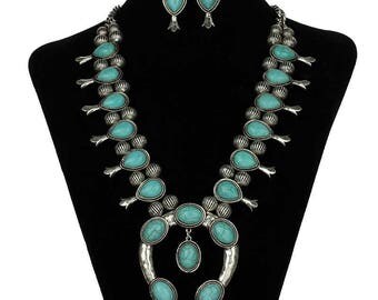 Turquoise Fashion Squash Blossom Necklace Set-SS0057SBTQ001