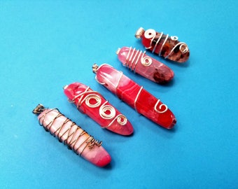 Set of 5, Pink Fire Agate, Wire Wrapped, Crystal, Gemstone, Natural, Silver Necklace, Jewelry Pendant Making, Wire Wrapping, Resale, #70