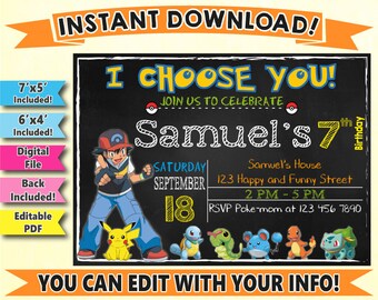 SALE, Pokemon Digital Invitation, Pokemon Go Instant Download Invitation, Pokemon Editable Invitation, Pokemon Birthday Invitation, DIY, Go