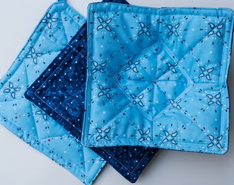 Reversible Set of 2 Up-cycled Potholders and 1 Microwave Bowl Potholder