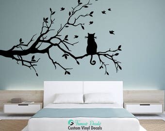 Cat On Tree Branch Birds Decal, Tree Branch Decal, Branch Birds Decal, Wall Decals, Cat Tree Decals, Cat Stickers, Tree Decals, Nature Decal