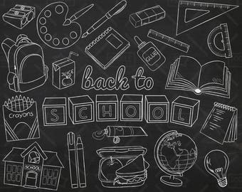 Chalkboard Back To School Vector Pack, Hand Drawn School Clipart, School Supplies, Globe, Lunchbox, Crayons, Sharpener Clipart,SVG, PNG file