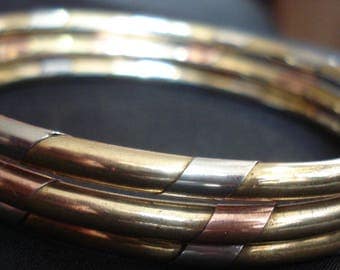 Set of Three Twisted Mixed Metal Bangles Brass Copper Silver Tone