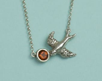 Silver Swallow Necklace - Swallow Pendant - Citrine Stone Pendant - Orange Stone Pendant - Solid Silver
