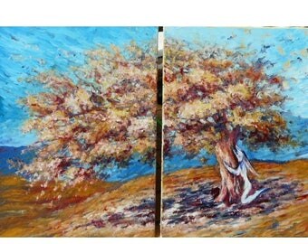L'arbre et la fée - peinture à l'huile diptyque - fleurs printemps elfe des bois hibou paysage féérique forêt fantastique bleu orange déco