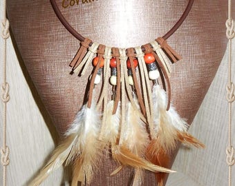 ethnic necklace feathers, suede and wood beads
