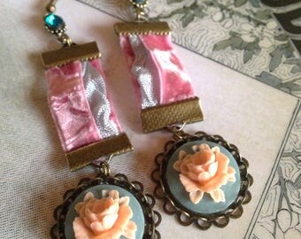 The earrings shabby romantic and soft pink velvet blue satin