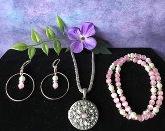 Grey Locket Necklace, Bracelet, Earring Trio Set