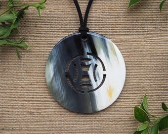 Buffalo Horn Pendant 7cm Natural Horn Color Material Leather Necklace Large Circle H.PN10