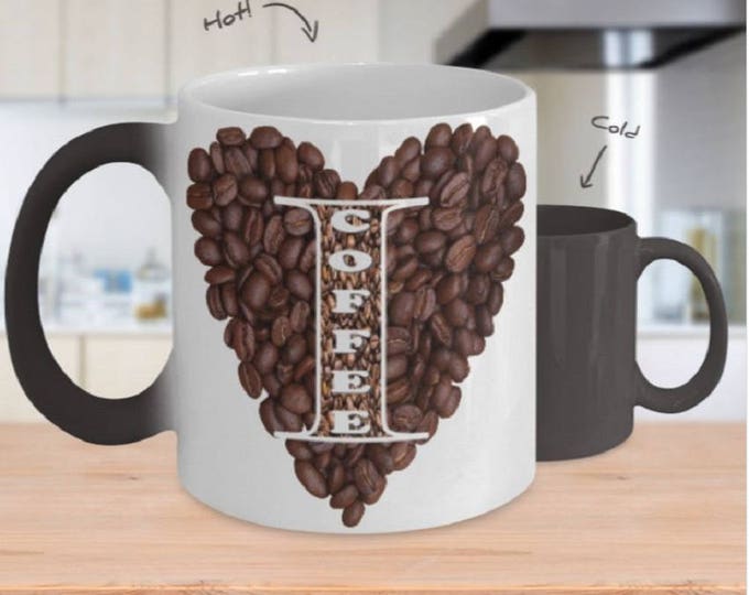 Color Changing Mug, I Heart Coffee Design Mug, Heart of Coffee Beans Coffee Mug, I Love Coffee Cup, Coffee Beans Coffee Cup, I <3 Java Jug