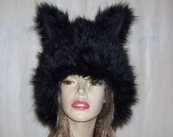 Black Cat Hat Shiny Thick Fur Wolf Ears Animal Creature Kitty Cat Coyote Costume Unisex Geek Birthday Hat Halloween Costume Wig Adult XL