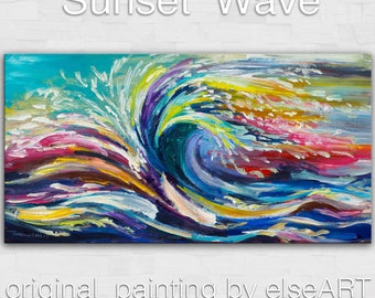 Landscape painting Rolling wave sea art Original large Turquoise seascape abstract painting acrylic painting by Tim Lam 48x24
