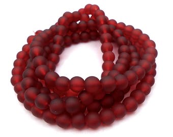 60 Dark Red Matte Sea Glass Beads 6mm frosted beach glass round (H5028)