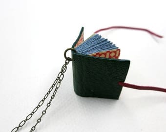 Green Leather book necklaces, Book pendant, leather journal, jewelry, mini diary, miniature journal, hand made, paper goods, green leather