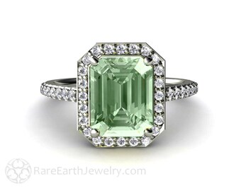 Green Amethyst Engagement Ring Diamond Halo Amethyst Ring 14K 18K Gold or Palladium