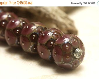 ON SALE 30% off Seven Plum w/Metal Dots Rondelle Beads - Handmade Glass Lampwork Bead Set 10601701
