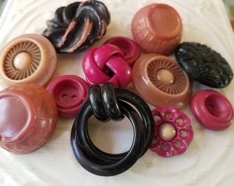 Vintage Buttons - Cottage chic fancy mostly large celluloid mix of pink and black, ect. lot of 12 old and sweet( July421 17)