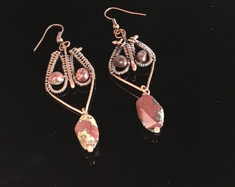 Copper wire wrap earrings with red Jasper.