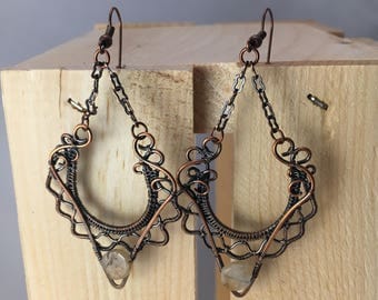 Copper wire wrap earrings with quartz