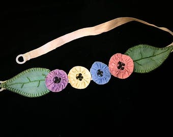 Vintage Original 1920s Belt Hand Made Multi Colored Green Purple Yellow Blue Pink Flowers n Leaves Accessory 20s Flapper Fabric Belt
