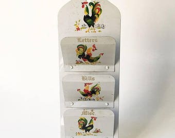 SALE Letter Organizer Wall Hanging Bill sorter Rooster Decor Kitchen decor Mail sorter Mail organizer Key holder