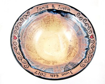 Personalized pottery wedding bowl, rustic wedding gift, black and tan, large serving bowl - 2 names and date ONLY