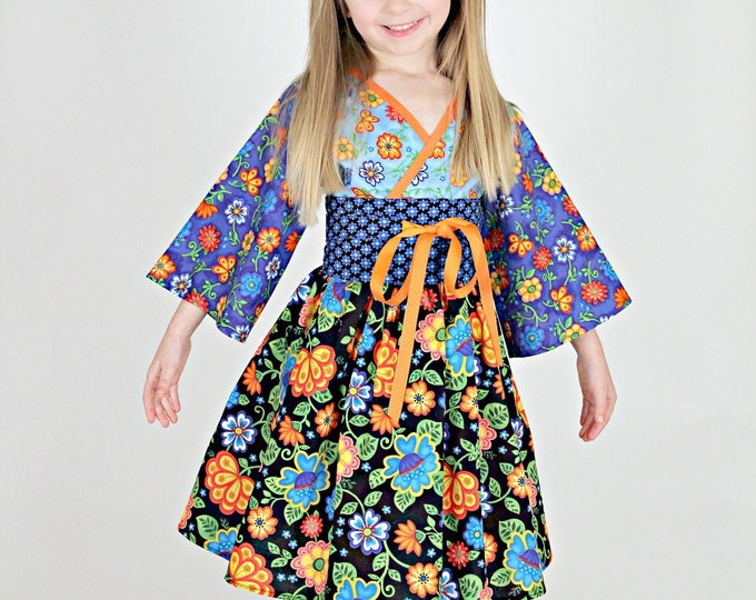 Little Girls Floral Dress - Toddler Clothes - Birthday Gift - Long and Short Sleeves - Kimono Style - Handmade in sizes 2T to 7 years