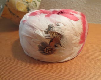 Pink and White Feather Half Hat with Original Box / Chignon Clip Half Hat A 2-way Hat /