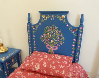 Dollhouse miniature single bed in 12th scale Portuguese typical hand painted furniture from Alentejo blue background with tiny flowers