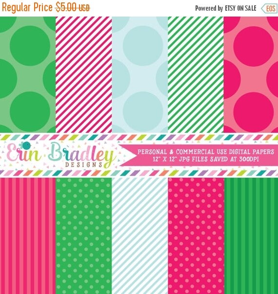 80% OFF SALE Commercial Use Printable Paper Pack Pink Green & Blue Stripes and Polka Dotted Patterns Il_570xn