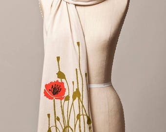 SUMMER SALE jersey knit scarf, screenprint scarf, summer poppy scarf, poppy screenprint, poppy print