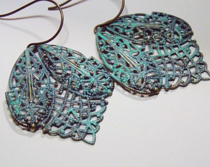 Boho Filigree Brass Earrings Turquoise Earrings Patina Earthy Rustic Woodland Filigree Dangle Boho Brass Bohemian Earrings Jewelry