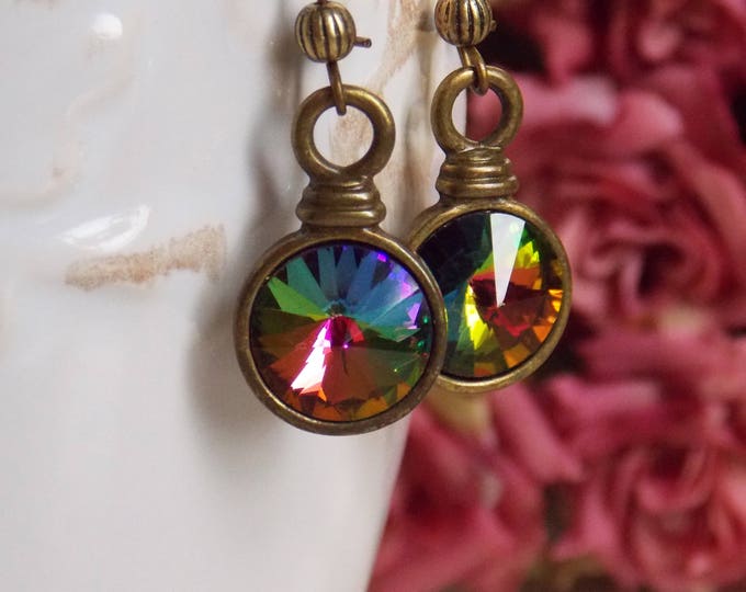 Rainbow Swarovski Crystal Rivoli Long Earrings Vintage Style Green Blue Yellow Crystal Brass Dangle Gift
