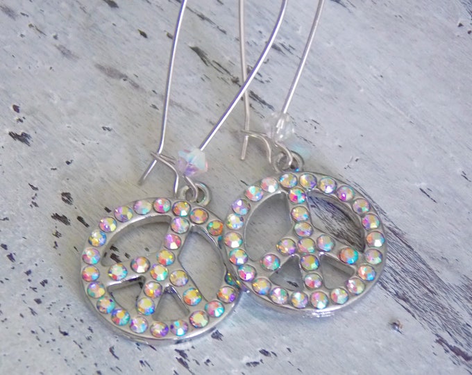 Peace Sign Boho Chic Crystal Earrings Swarovski Crystal Light Minimalist Earrings Sparkle Glam Rhinestone Gift Jewelry