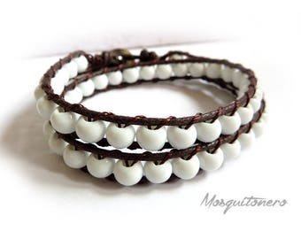 Ceramics bracelet, bracelet, bracelet, white beads, 6 mm, double wrap, gift, chan luu, style for him,