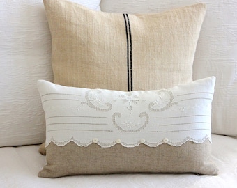 Cottage Style Pillow Cover - Burlap Linen - Vintage Embroidered Linen - Shabby Chic - Farmhouse - Decorative Pillow - Natural/White - SWEET!